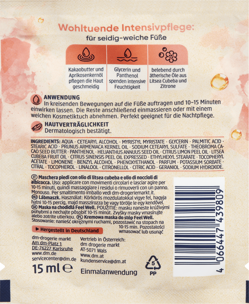 Fußmaske Feel Well Litsea Cubeba & Aprikosenkernöl, 15 ml