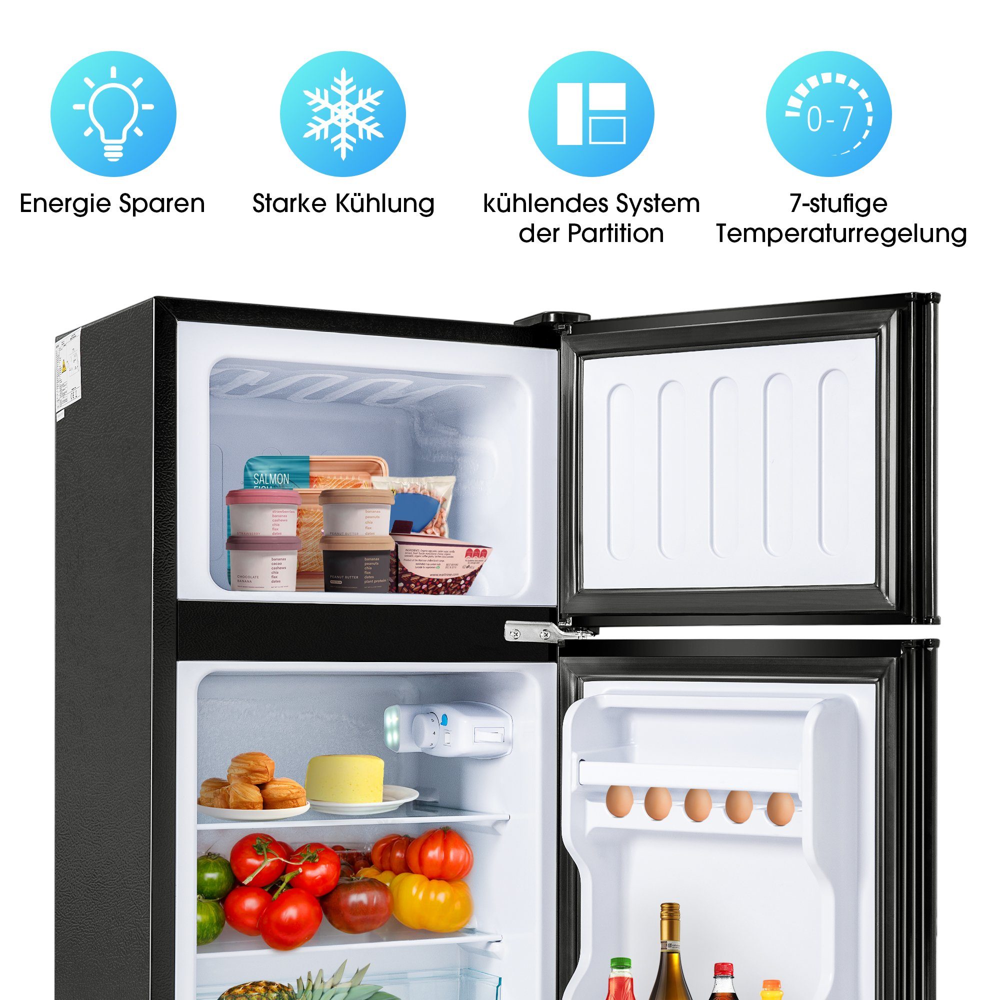 Merax Table Top Kühlschrank mit Gefrierfach, LED-Beleuchtung, Kühl- und Gefrierfunktion BCD-86A, 87 cm hoch, 42 cm breit, Mini Kühlschrank mit Doppeltür, 60 L, freistehend und klein