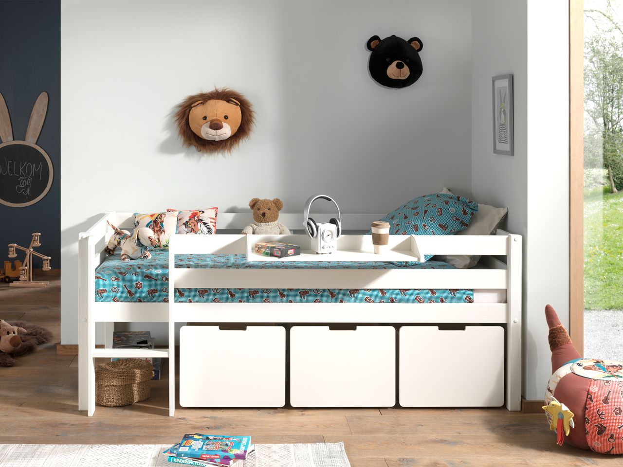 VIPACK Spielbett mit Liegefläche 90 x 200 cm, inkl. Leiter, Regal, Rolllattenrost und 3 Schubkästen, Kiefer und MDF weiß lackiert