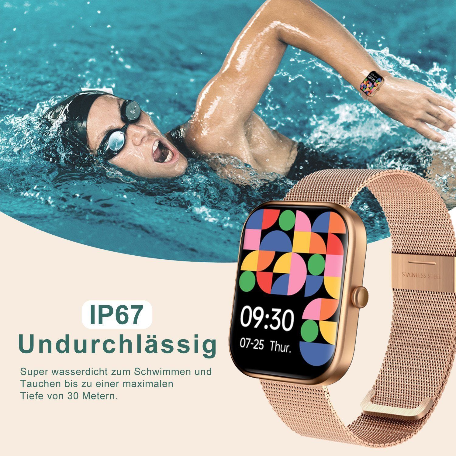 IBETTER Smartwatch Damen Herren Smartwatch (2.0'' HD Voll Touchscreen Zoll Zoll) Fitnessuhr mit Telefonfunktion WhatsApp Notiz mit deutscher Bedienungsanleitung, Herzfrequenzmesser,mit Blutsauerstoff Pulsmesser Sportuhr Schrittzähler Schlafmonitor Ak