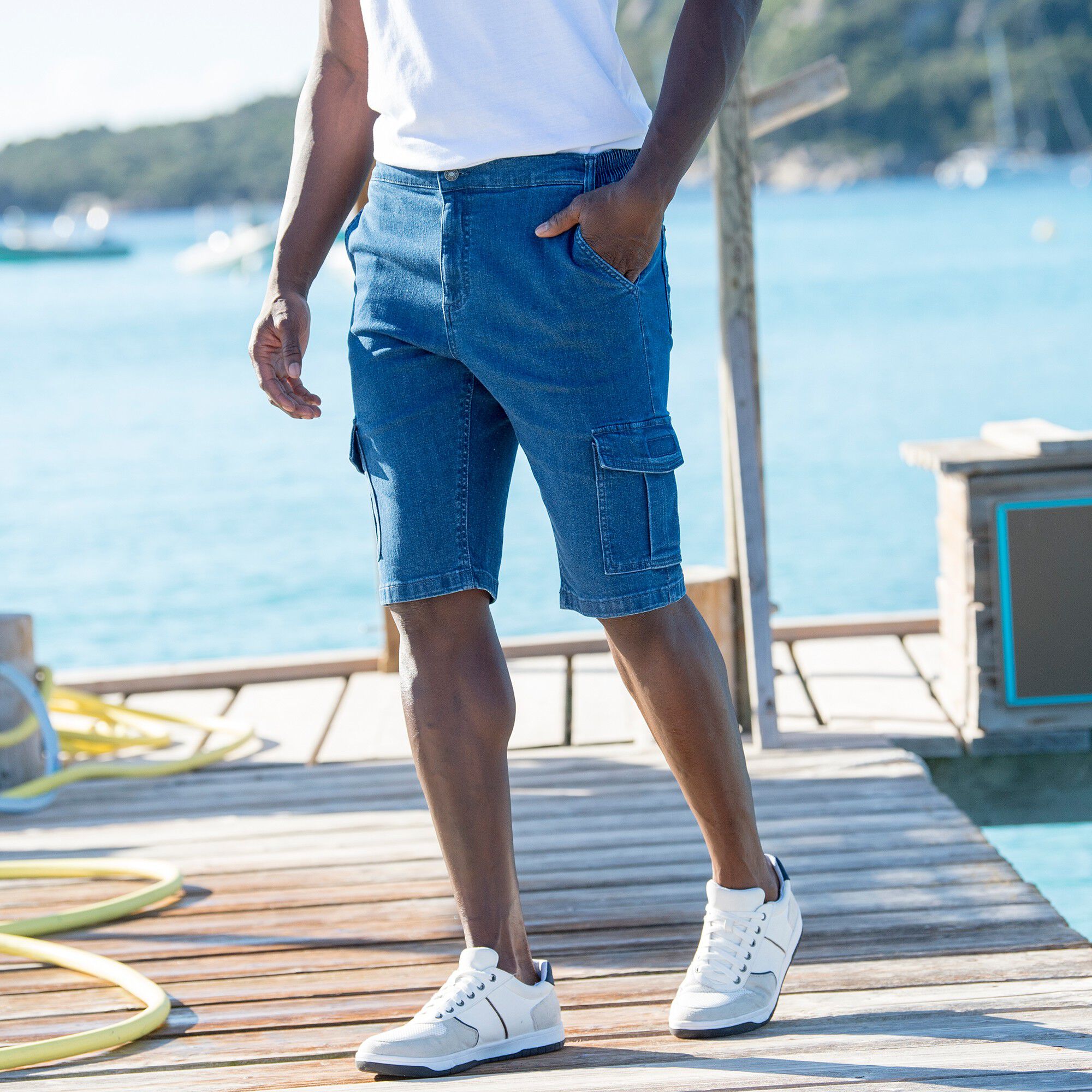 Bermuda denim coupe cargo coton stretch