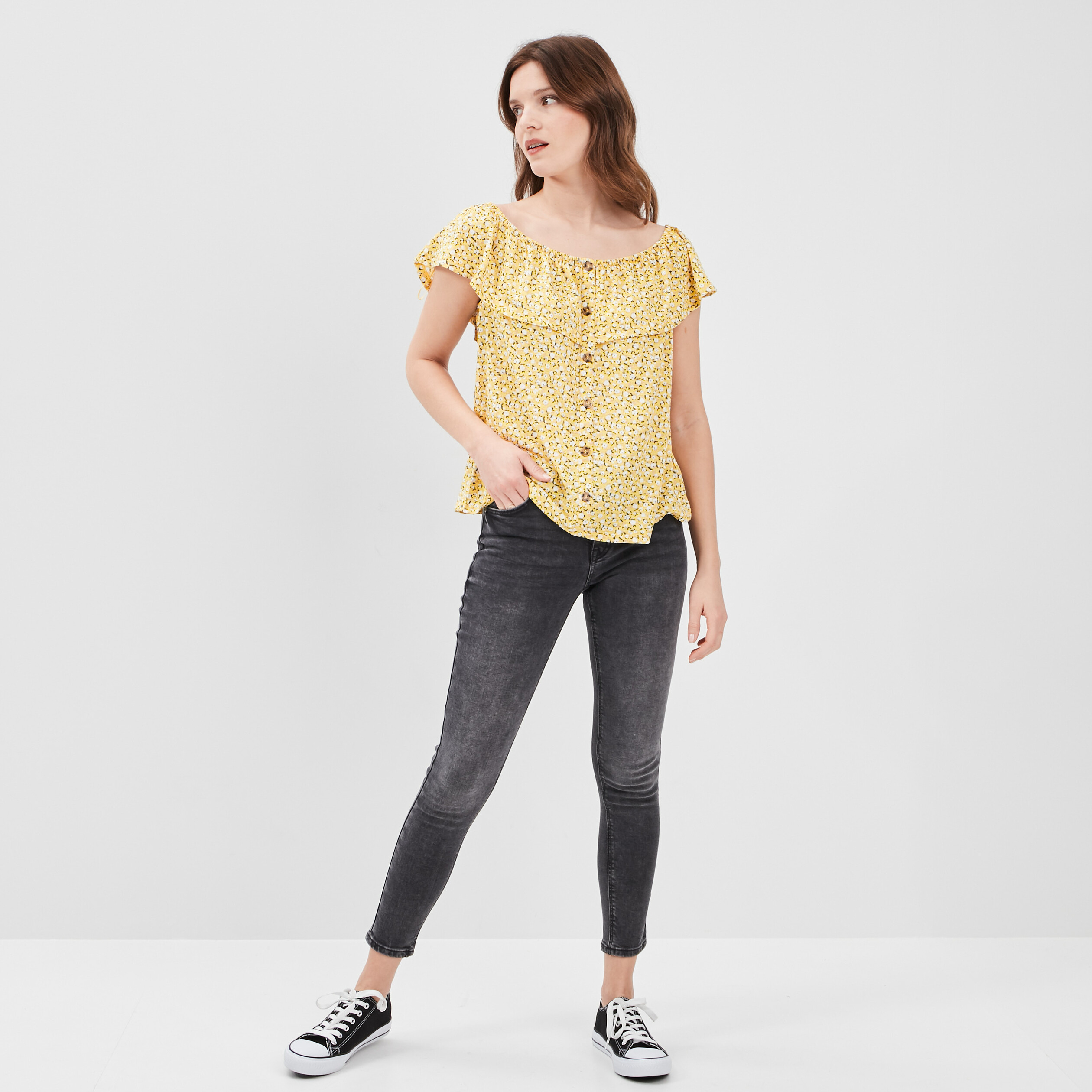 T-shirt col bardot manches courtes jaune citron femme | La Halle