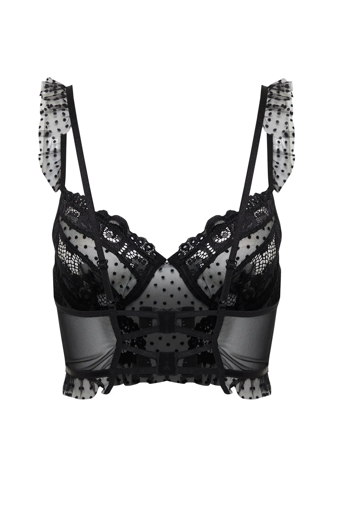 Trendyol Collection  Schwarzes, ärmelloses Strick-Bustier mit gepunkteter Spitze und Tülldetail, Seilriemen THMSS24SU00043