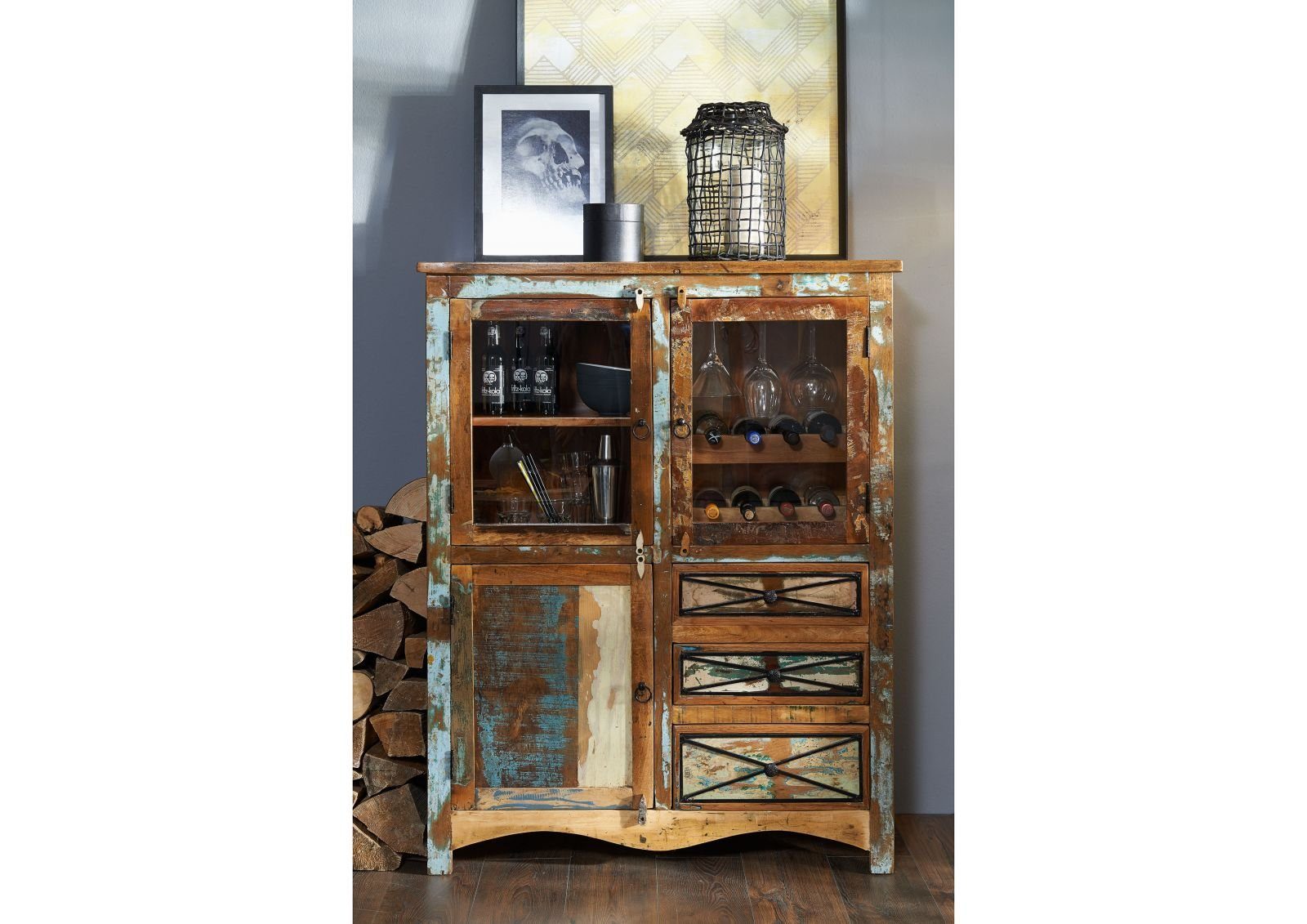 Massivmoebel24 Highboard Highboard Altholz 106x45x136 mehrfarbig lackiert NATURE OF SPIRIT #113