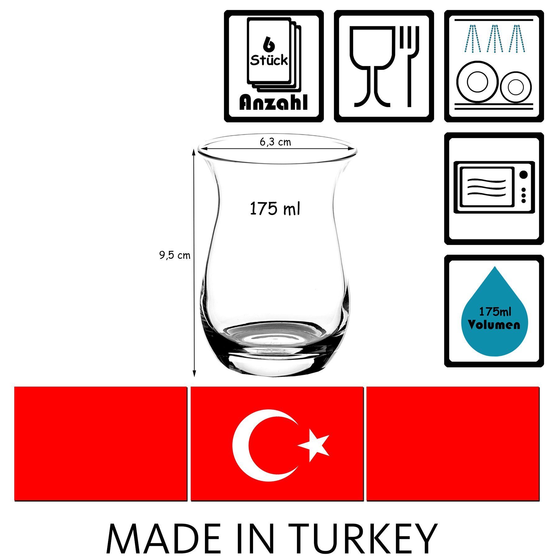 Pasabahce Teeglas 6er Set Türkische Teegläser 175ml Cay Gläser Chai Tee, Glas