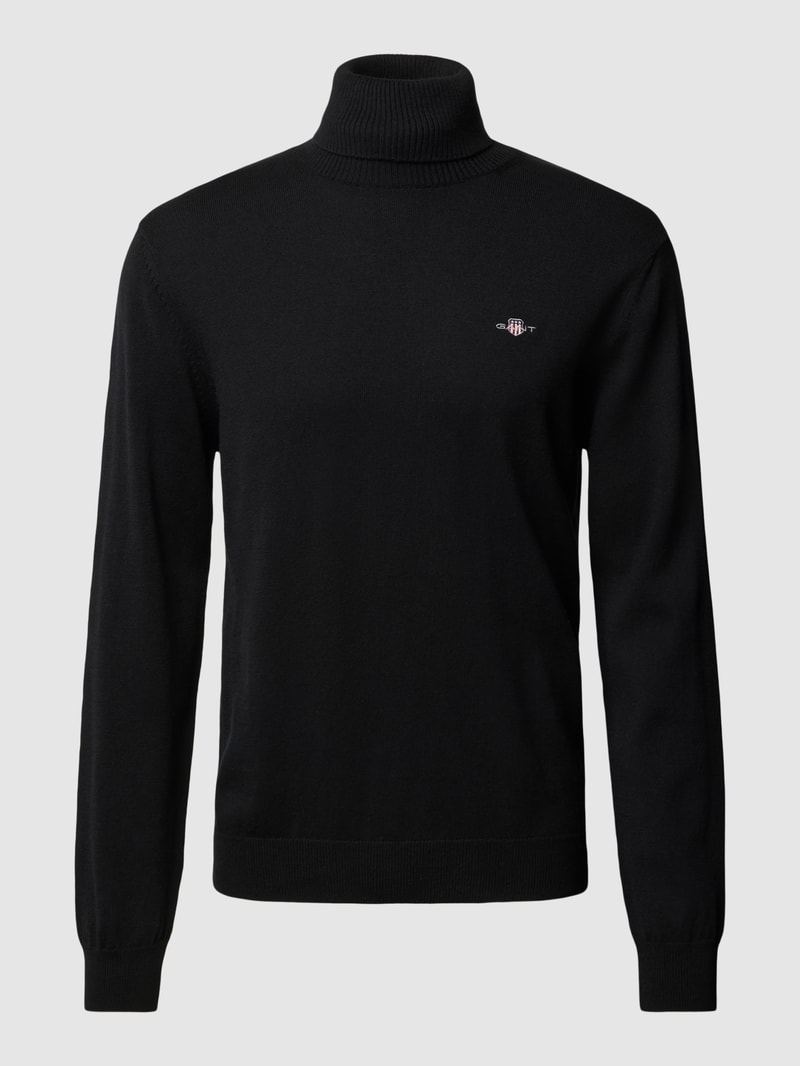 Rollkragenpullover mit Label-Stitching aus Baumwoll-Woll-Mix in schwarz