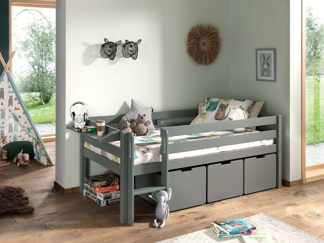 VIPACK Spielbett mit Liegefläche 90 x 200 cm, inkl. Leiter, Regal, Rolllattenrost und 3 Schubkästen, Kiefer und MDF grau lackiert