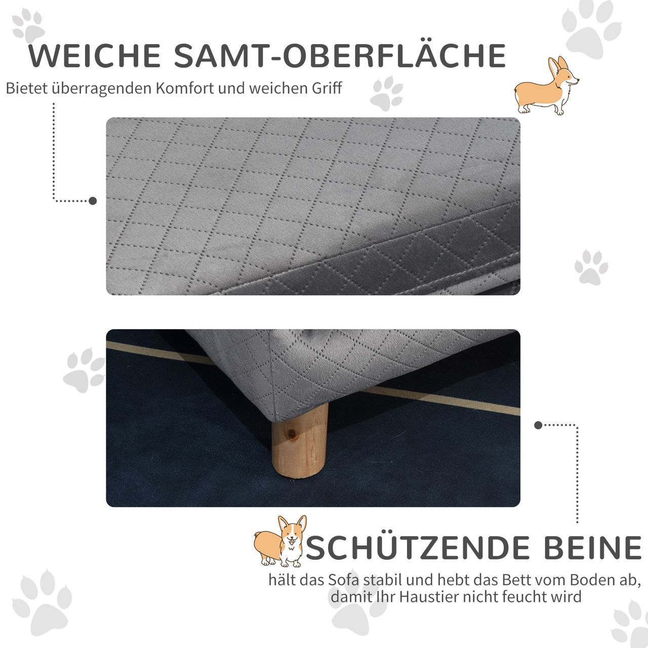PawHut Hundesofa mit Holzbeinen Hundebett für kleine Hunde bis zu 8 kg Grau