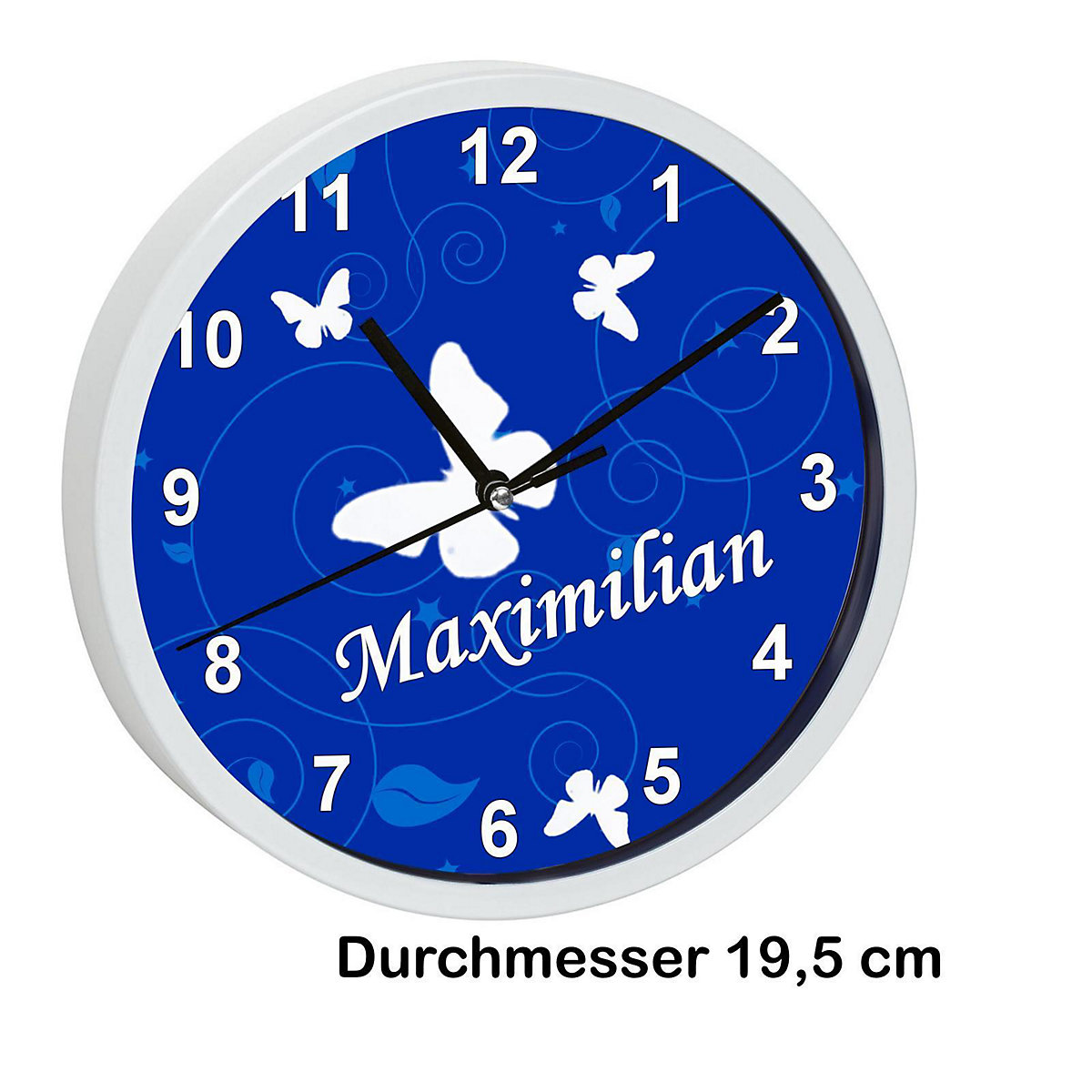 Kinder Wanduhr laufruhig personalisiert mit Name Schmetterling Ornamente blau