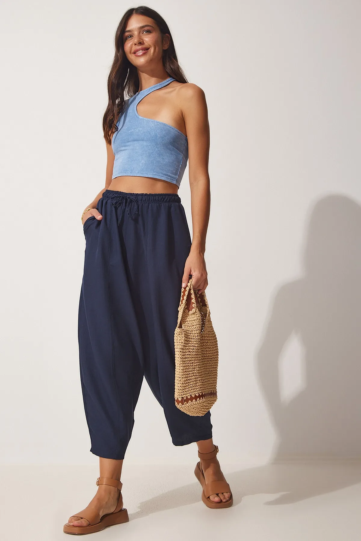 Happiness İstanbul  Marineblaue Shalwar-Hose aus Leinenviskose mit Taschen CV00001 für Damen