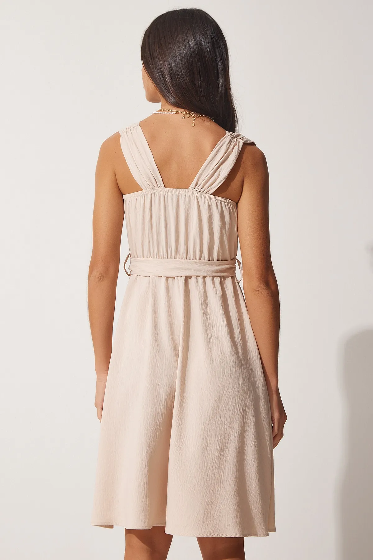 Happiness İstanbul  Cremefarbenes Ayrobin-Sommerkleid mit Riemen und Gürtel für Damen ZH00028