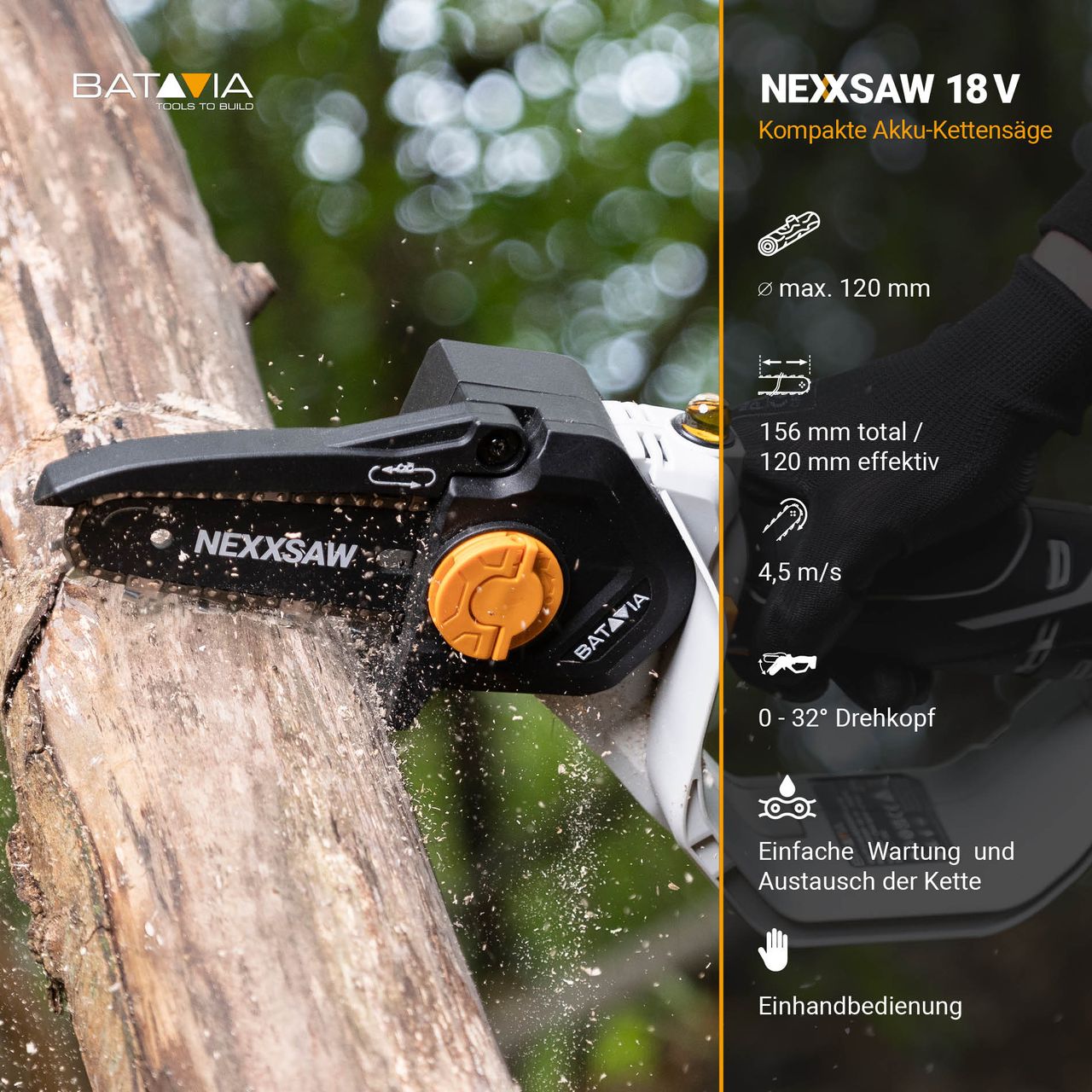 Batavia Nexxsaw V3 18V Akku-Einhand-Kettensäge 6' Mit 1 x Akku 2Ah und 1 x Ladegerät 2.4A