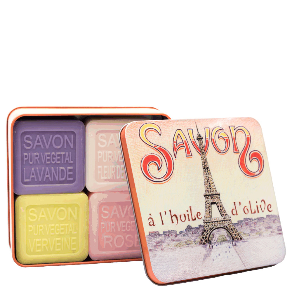 La savonnerie de nyons Coffret de 4 Savons (Lavande, Verveine,Fleur de Coton, Rose) Tour Eiffel Savon