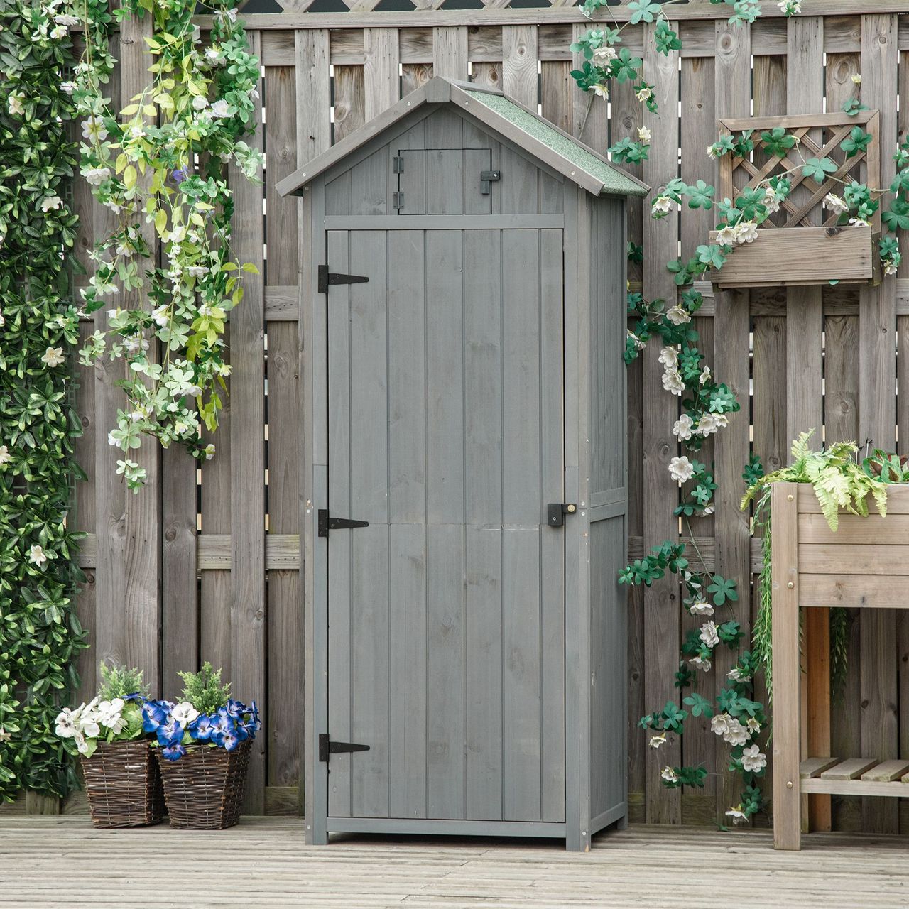 Outsunny Gartenschrank Geräteschuppen mit Fachböden Asphaltdach Holz Grau