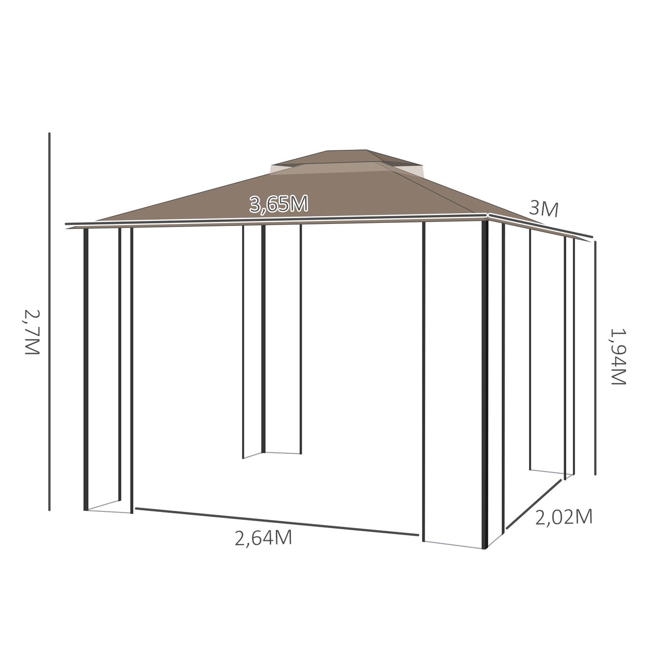 Outsunny Pavillon Gartenpavillon 3,65 x 3 m Gartenzelt Festzelt Partyzelt mit 4 x Moskitonetz atmungsaktivem Doppeldach Metall Polyester Braun Beige