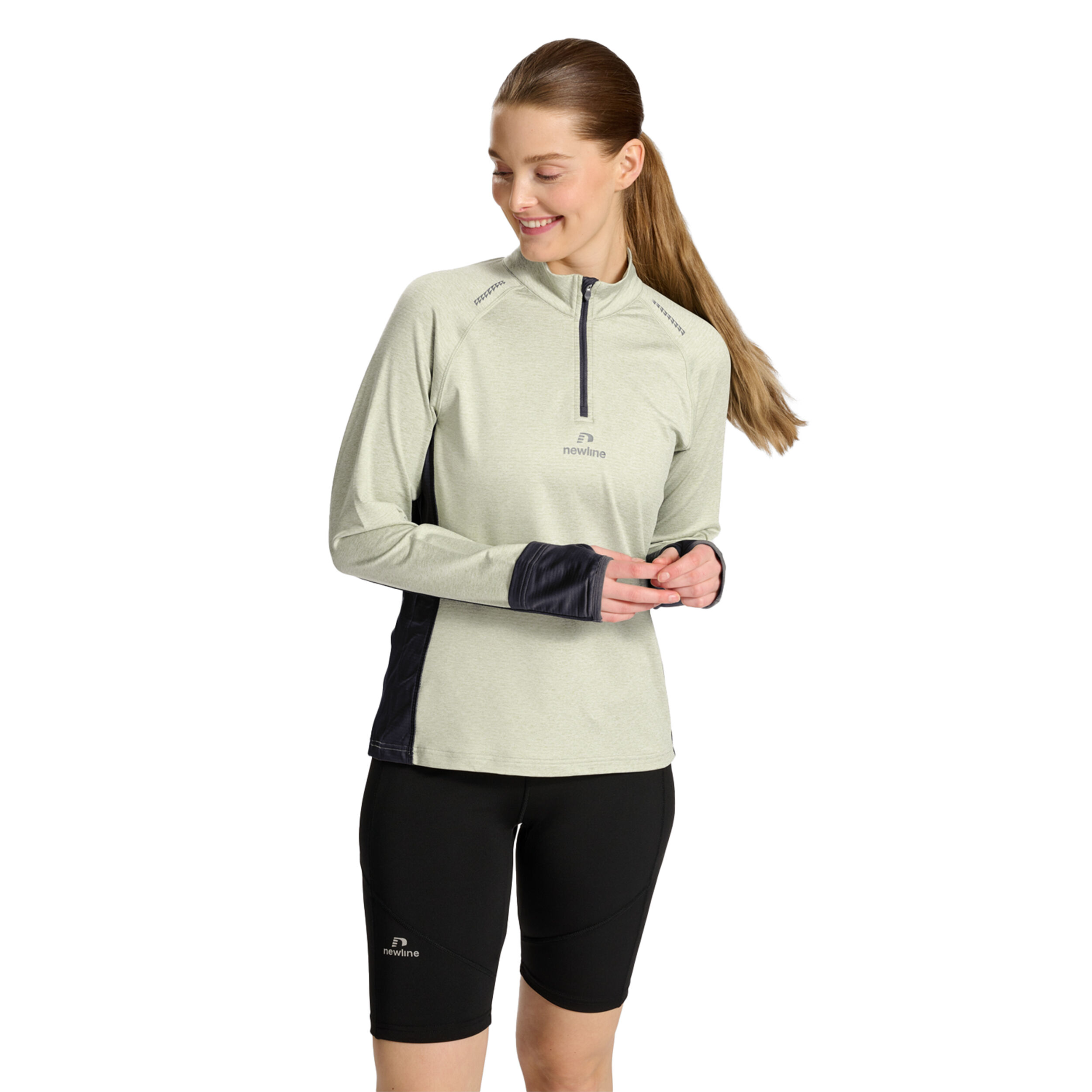 Mesa Half-Zip Lauftop Damen - Beige, Schwarz