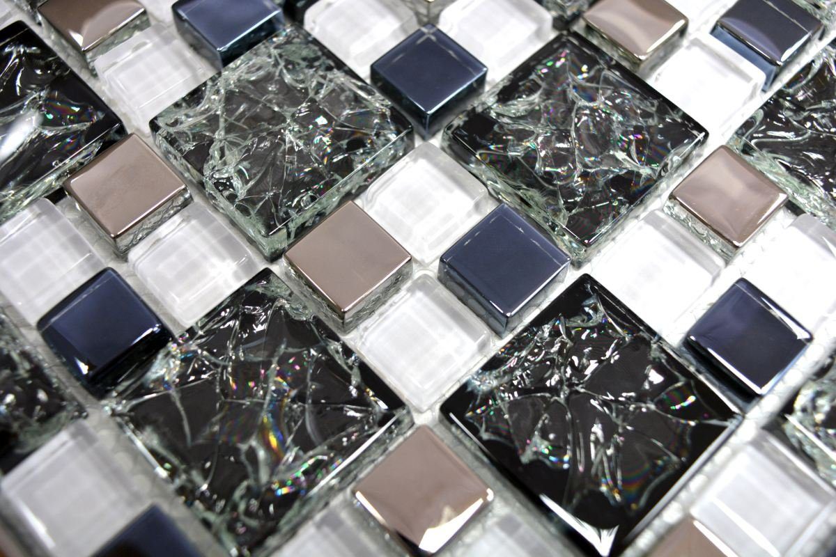 Mosani Mosaikfliesen Glasmosaik Crystal Mosaikfliesen schwarz silber glänzend / 10 Matten