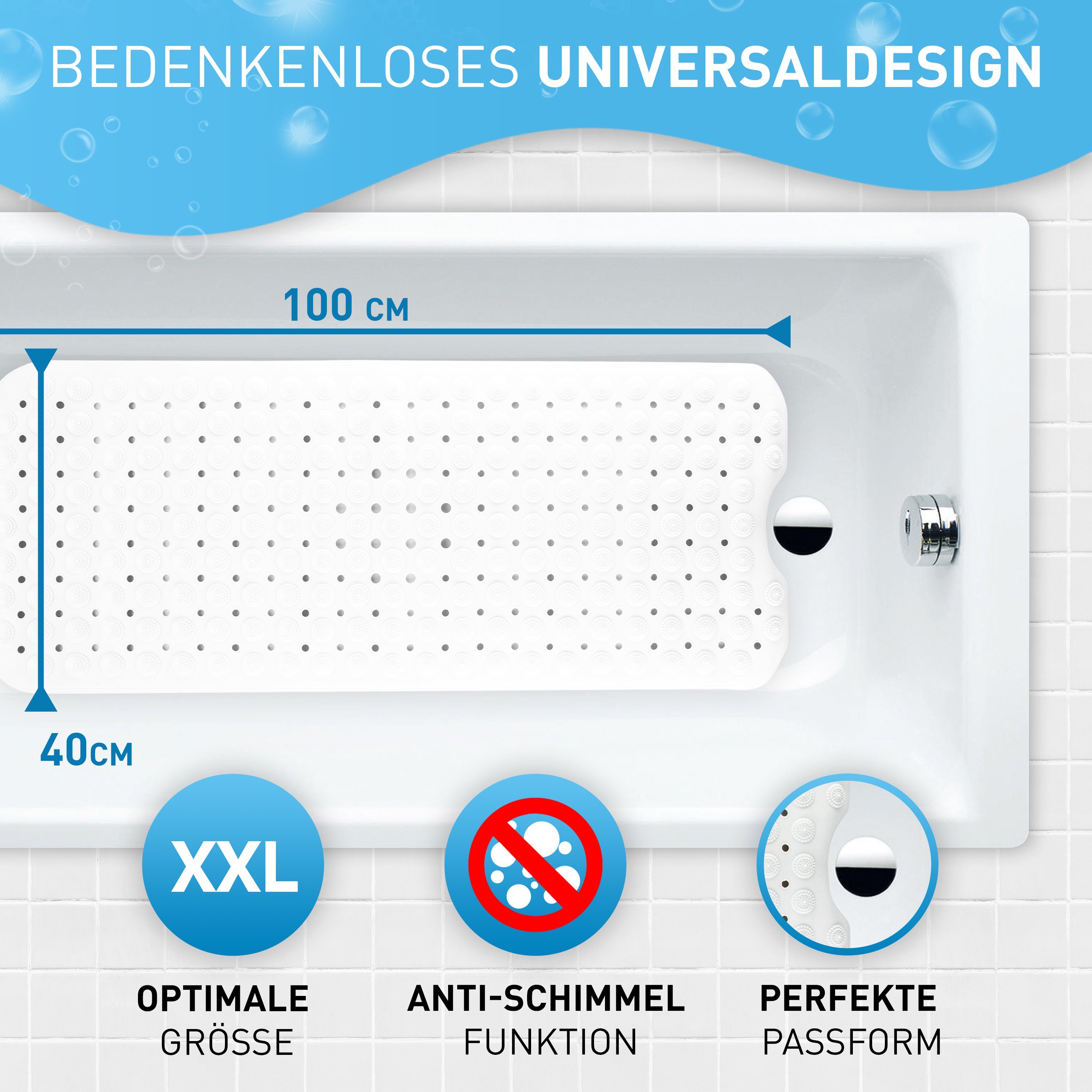FLIPLINE® Wanneneinlage Badewannenmatte rutschfest Natura Hautsensitiv aus TPE kein PVC, Maße: 100x40cm, BPA Frei, Maschinenwaschbar - für Babys und Kinder