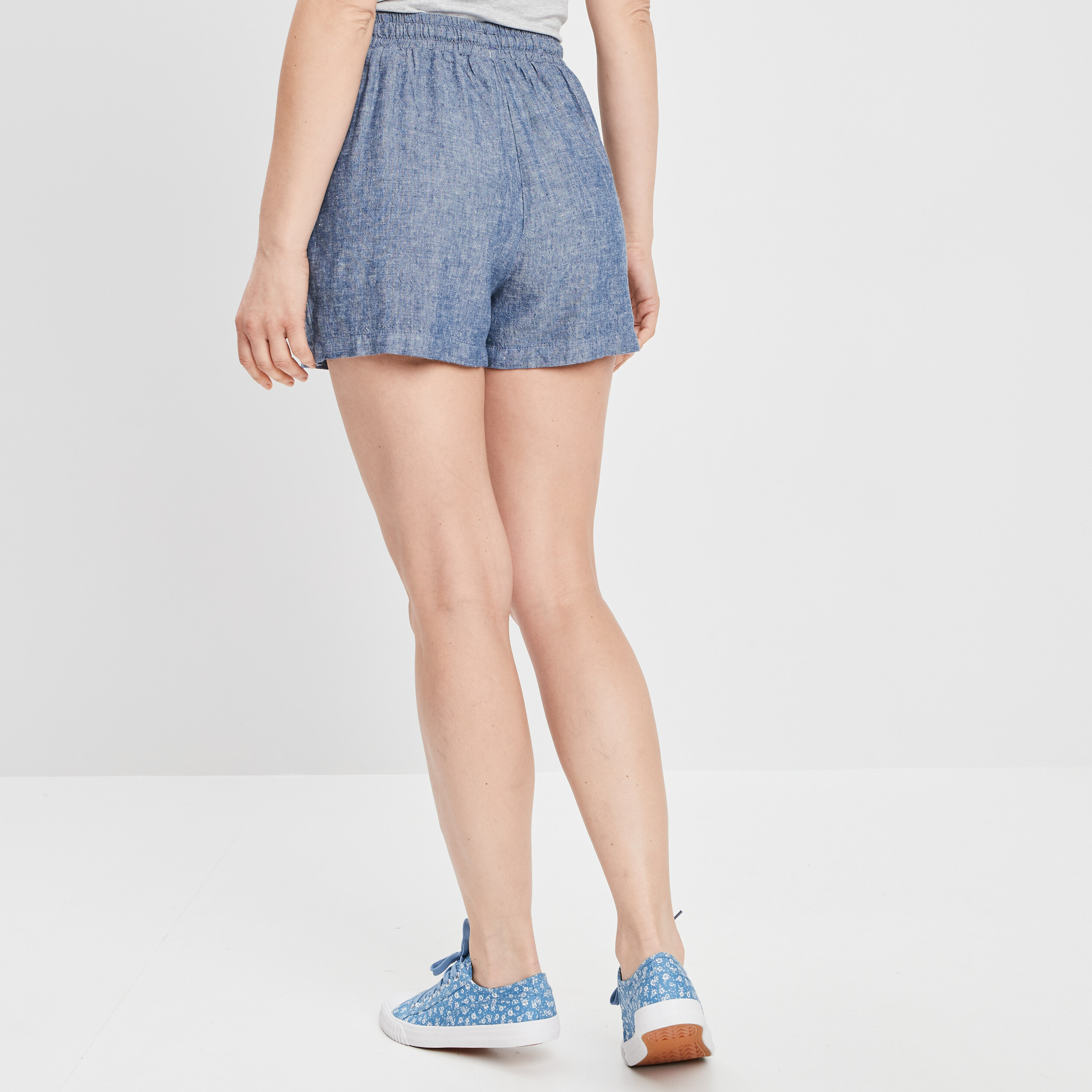 Short fluide droit en lin taille smockée bleu gris femme | La Halle