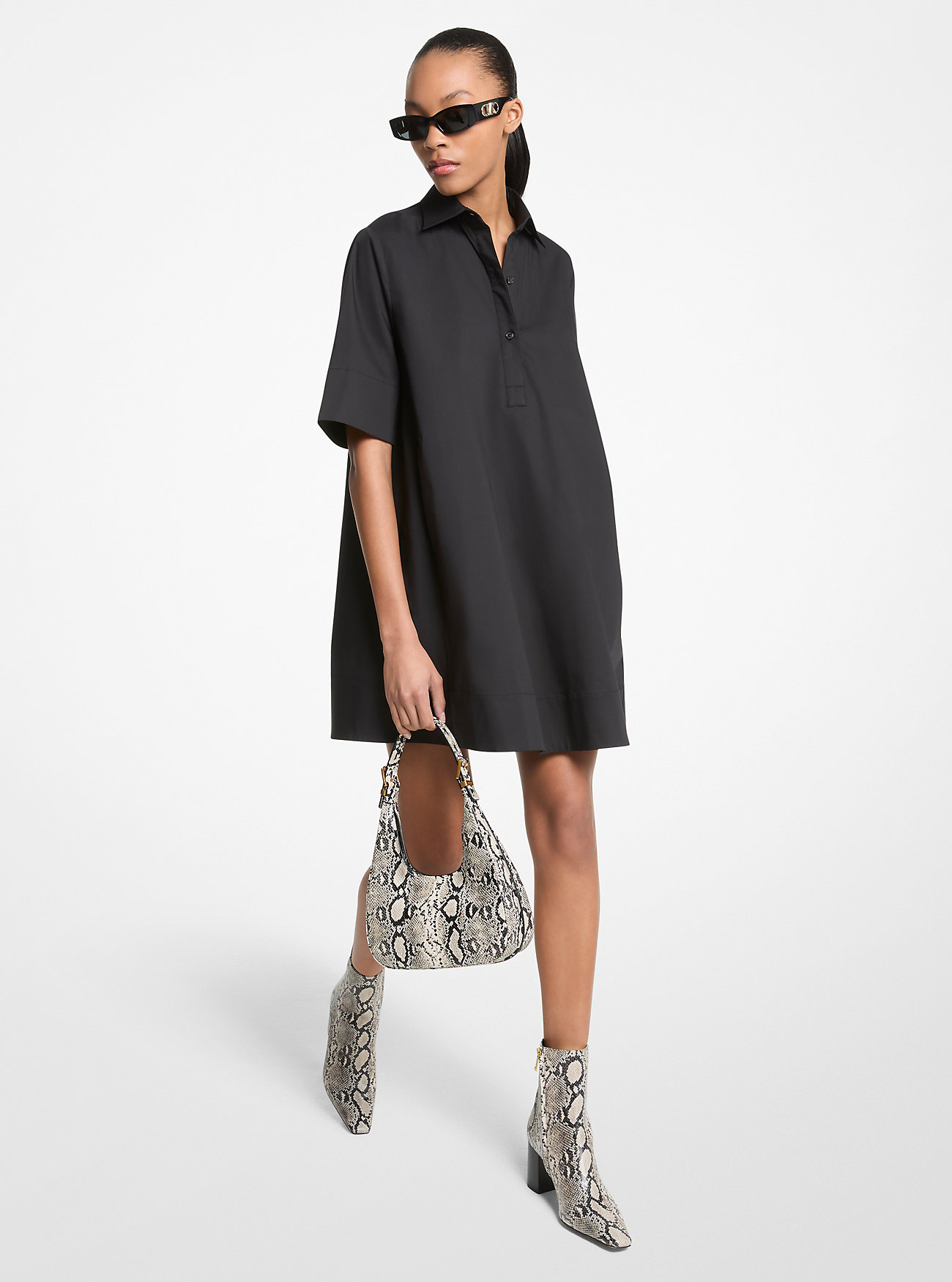 Stretch Cotton Poplin Shirtdress - BLACK