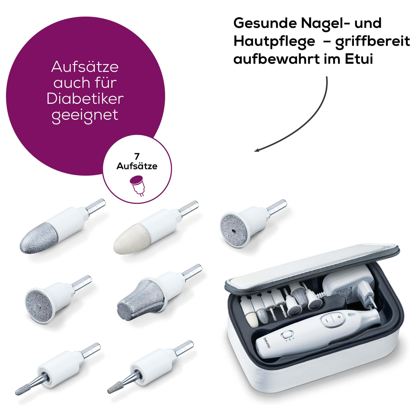 Beurer Maniküre-/Pediküreset MP 42-Stufenlos regelbarer Nagelfräser für Maniküre & Pediküre mit 7 Aufsätzen