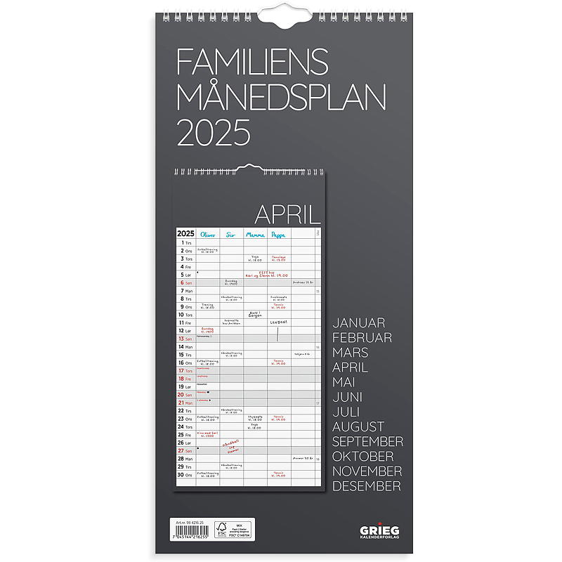 Veggkalender familiens månedsplan grå 2025