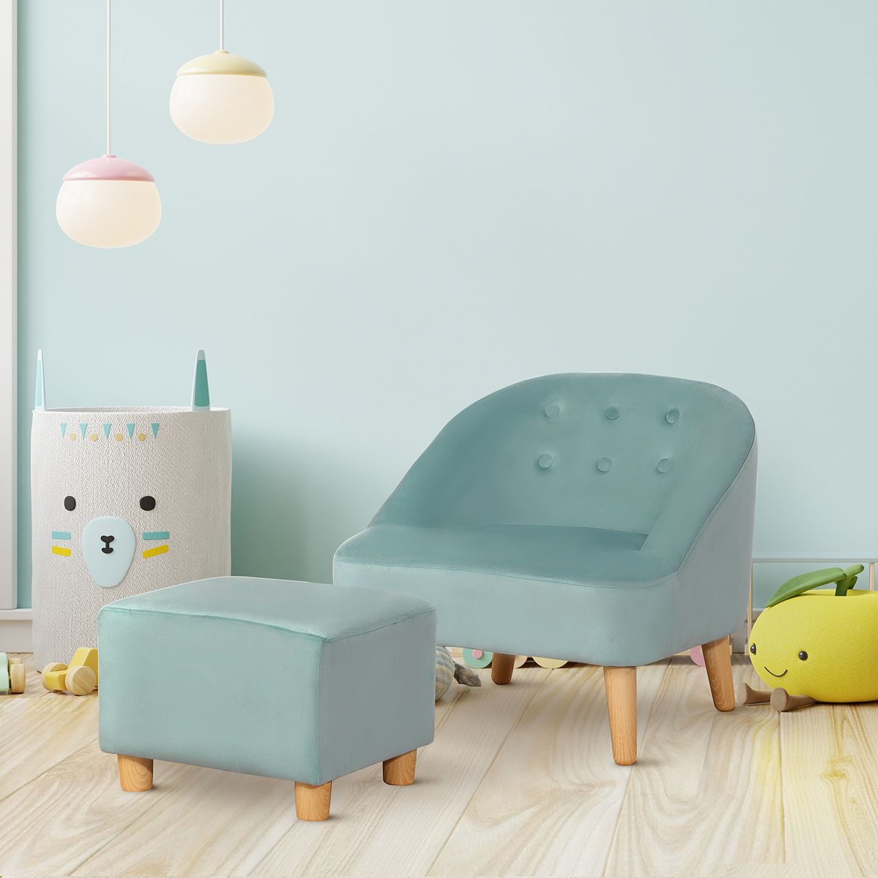 HOMCOM Kindersessel Kindersofa mit Fußhocker Kindercouch ab 3 Jahren Kindermöbel Kinderzimmer Samtoptik Eukalyptusholz Grün 51 x 51 x 50 cm