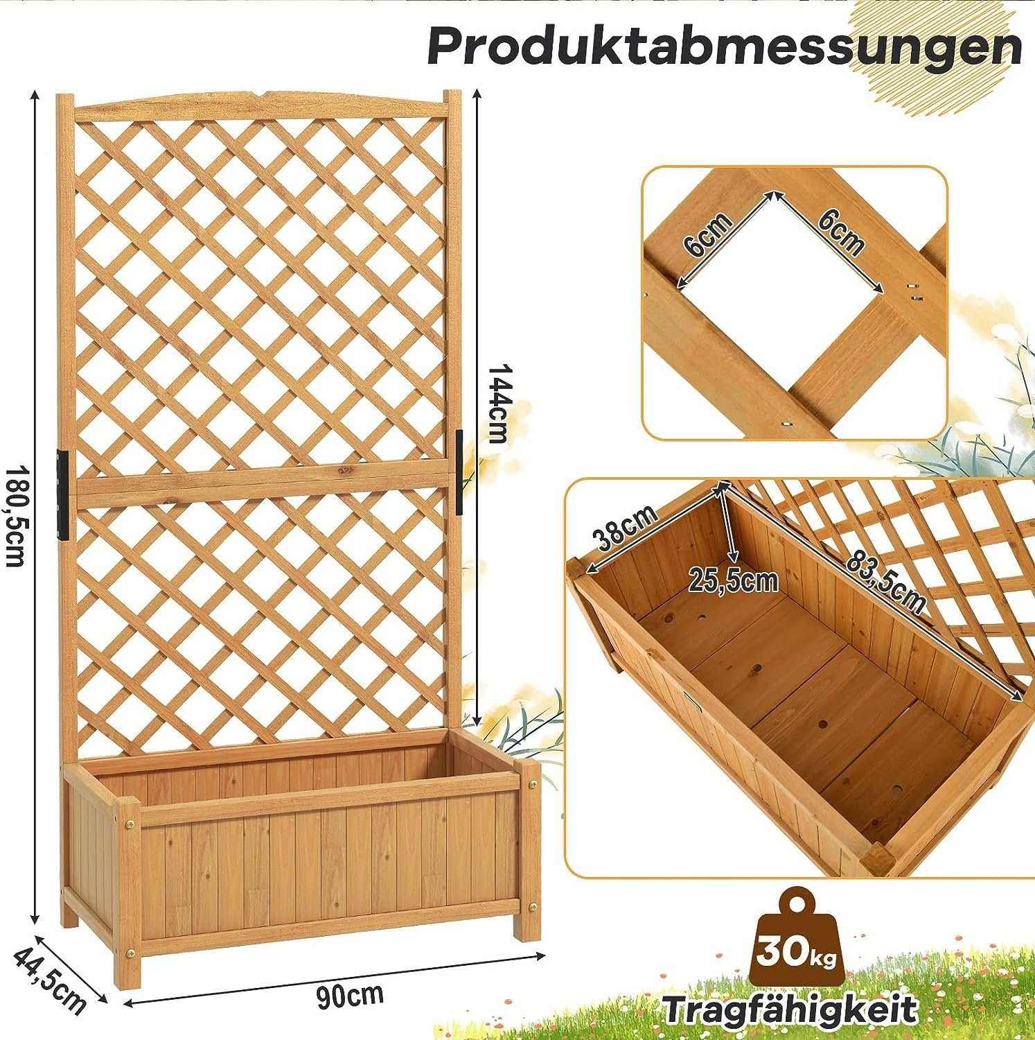KOMFOTTEU Blumenkasten Hochbeet, mit Rankgitter, 90x44,5x180,5 cm