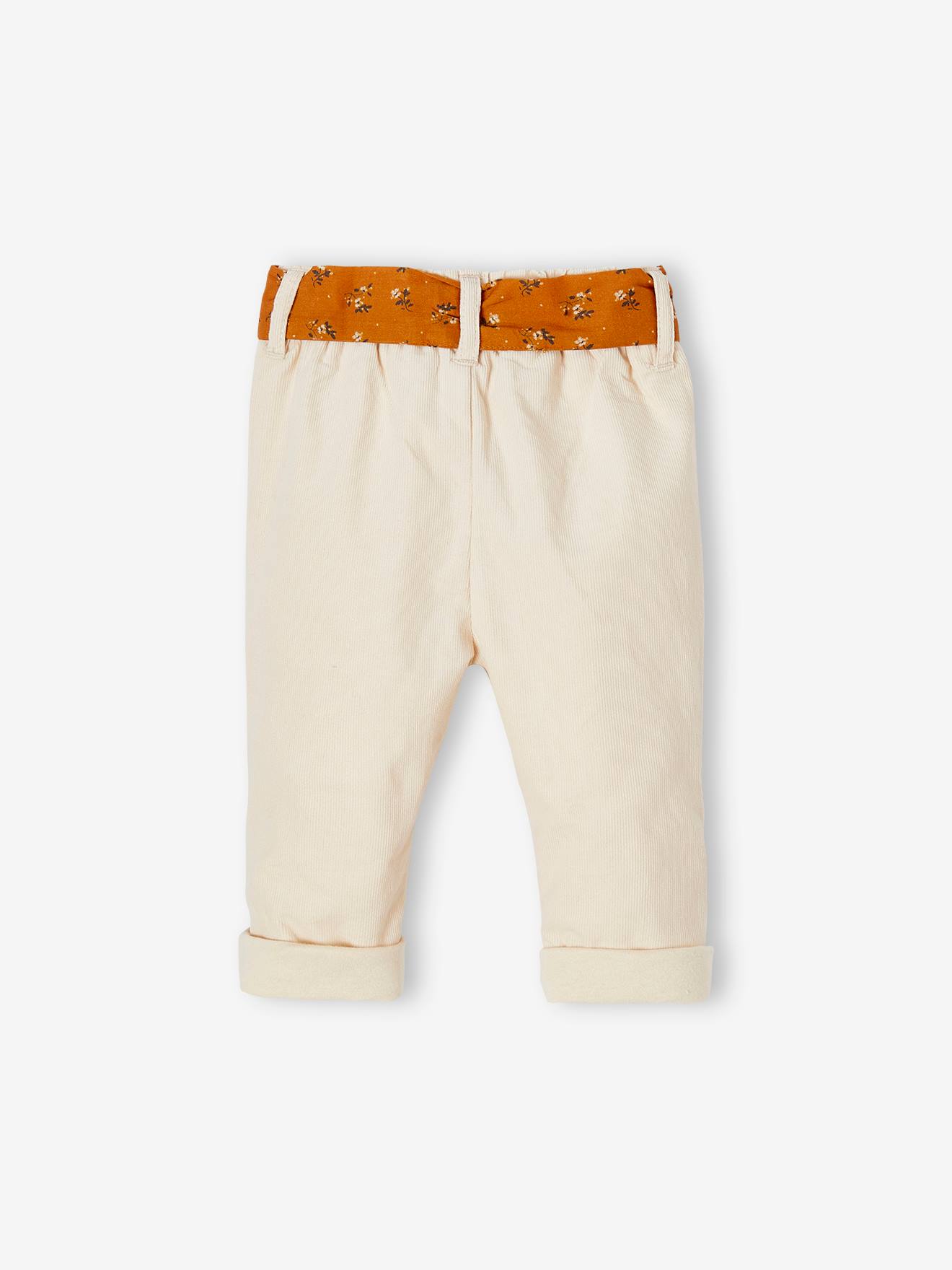 Pantalon en velours bébé avec ceinture en tissu beige clair