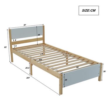 Flieks Massivholzbett, Einzelbett Kiefernholzbett mit Kopfteil und Lattenrost 90x200cm