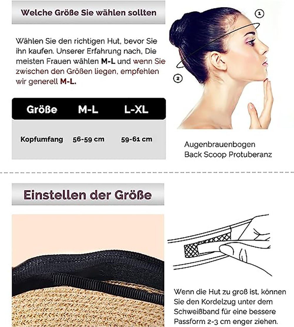 Deliana.makeup Strohhut Damen Sonnenhüte UPF 50+ Strandmütze Strohhut mit Breite Krempe locker faltbarer Sonnenhut