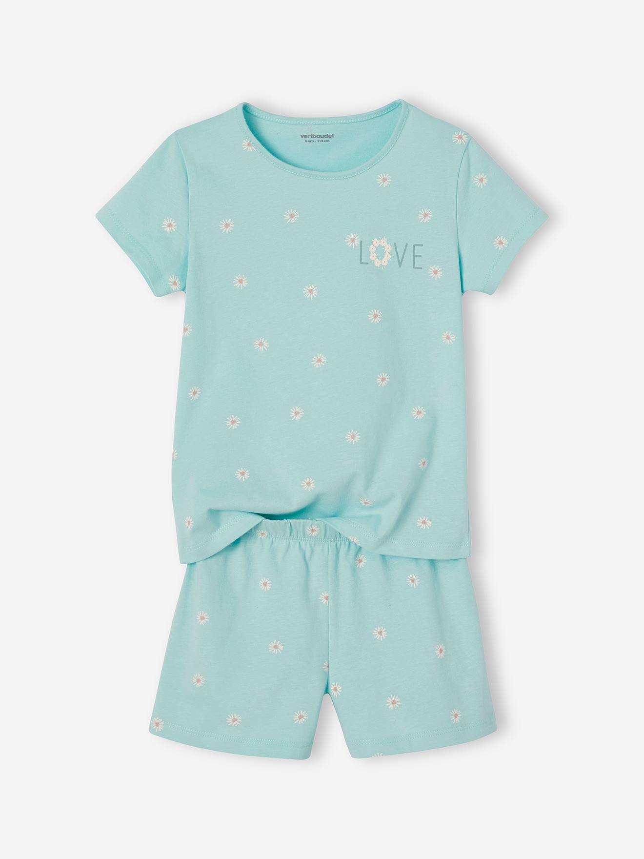 Pyjashort fille marguerites Basics vert d'eau