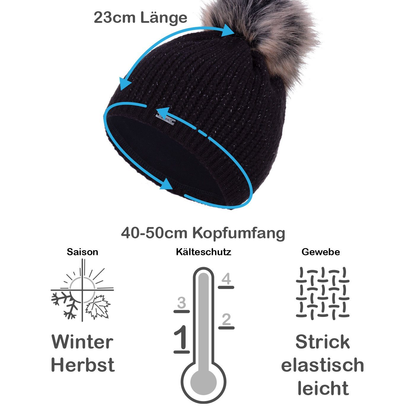 Faera Bommelmütze (1-St) Damen Wintermütze gefüttert Glitzer Winter Beanie Strickmütze
