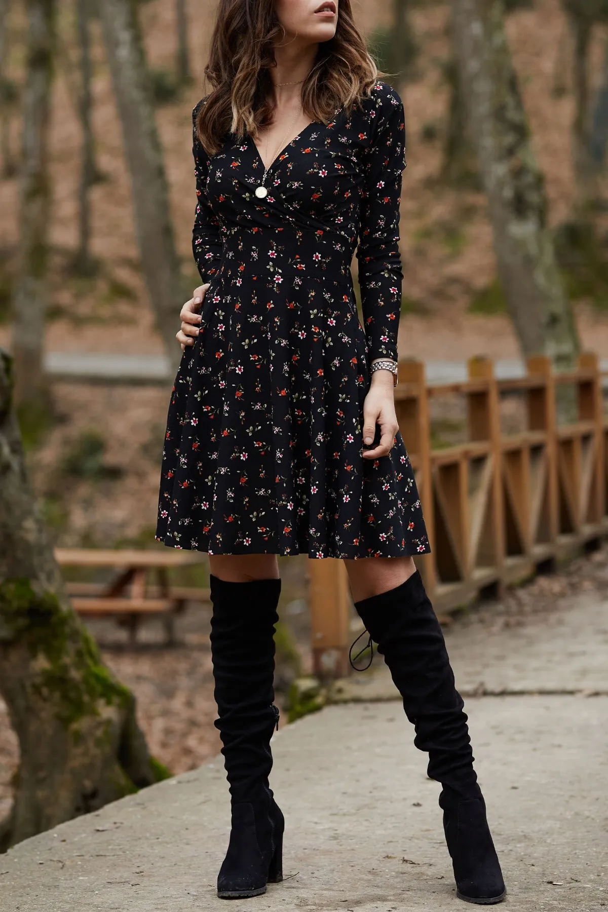 XHAN  Zweireihiges Kleid mit Blumenmuster 9YXK6-41729-02
