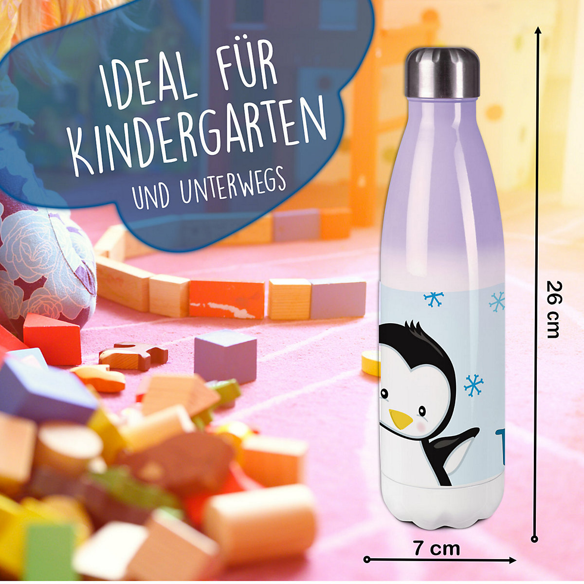 Edelstahl Kinder Thermoflasche / Trinkflasche bunt Pinguin Farbe hellblau Spülmaschinenfest, Auslaufsicher, Bruchfest, Doppelwandig, Für Heißgetränke geeignet, Mit Deckel, Isoliert