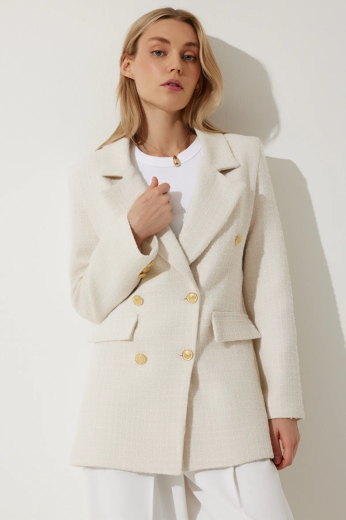 Happiness İstanbul  Damen Blazer mit Knochenknöpfen, Tweedjacke WF00004