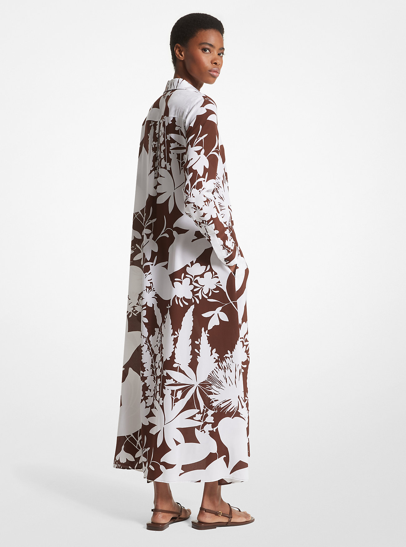 Shadow Floral Silk Crepe De Chine Shirtdress - NUTMEG/OPTIC WHITE