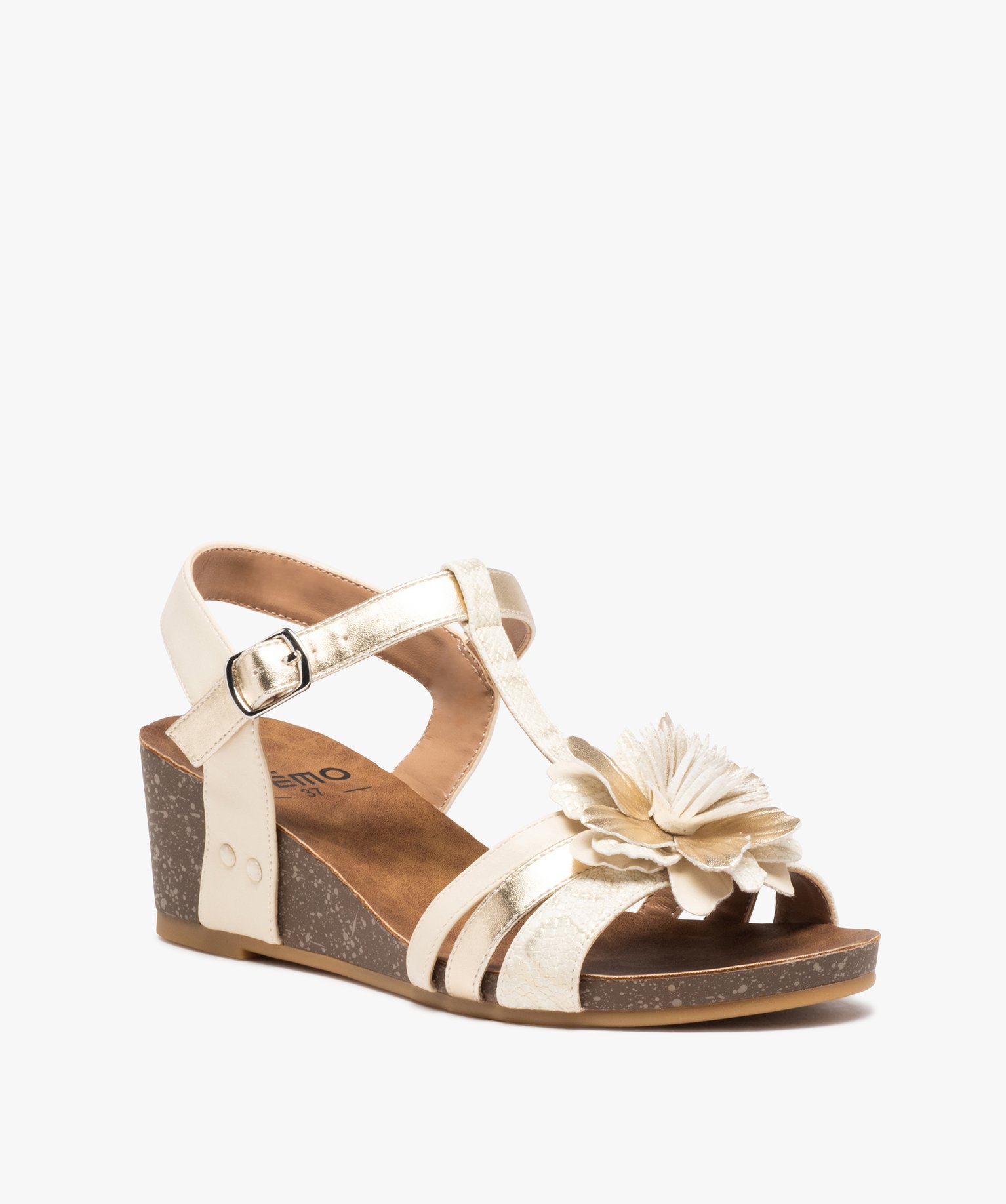 Sandales femme compensées avec fleur en relief beige | GEMO