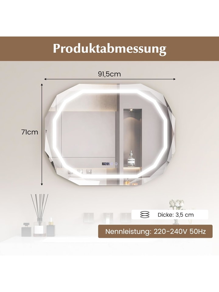 COSTWAY LED Badspiegel 92x71cm mit Antibeschlagfunktion in Silber günstig kaufen onesize