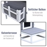 PawHut Katzenhaus Katzenhütte Katzenhöhle Kleintierhaus mit Terrasse und Balkon für Katzen Hunde Tannenholz Grau   Weiß 115 x 66,5 x 74,7 cm