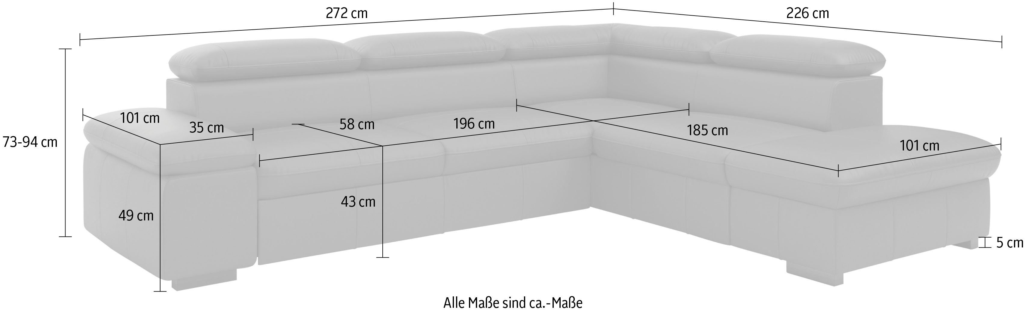 Home affaire Ecksofa Alberto, mit Ottomane, inkl. Kopfteilverstellung, wahlweise mit Bettfunktion