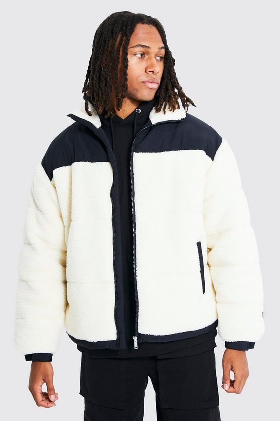 Borg-Steppjacke mit Kontrast Nylon-Einsatz und Trichterkragen