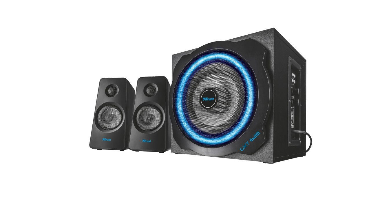 Trust GXT 628 Tytan schwarz 2.1 PC-Lautsprecher (60 W, Hölzerner Subwoofer, Kabelfernbedienung, Kompatibel mit Spielekonsolen)