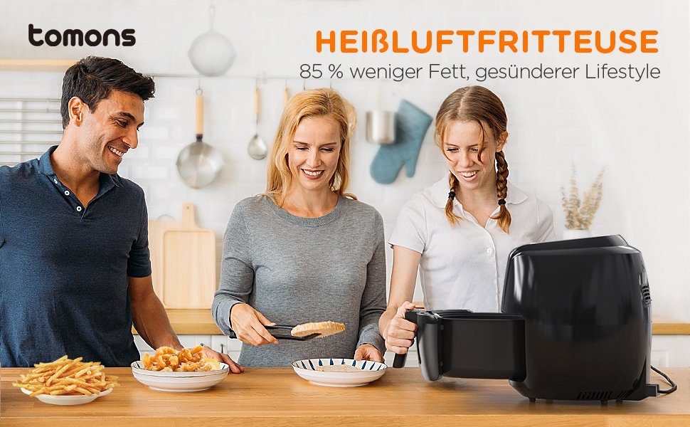 Tomons Heißluftfritteuse XXL 5,5L Elektrofritteuse Airfryer, ohne Fett und Öl, 1800,00 W