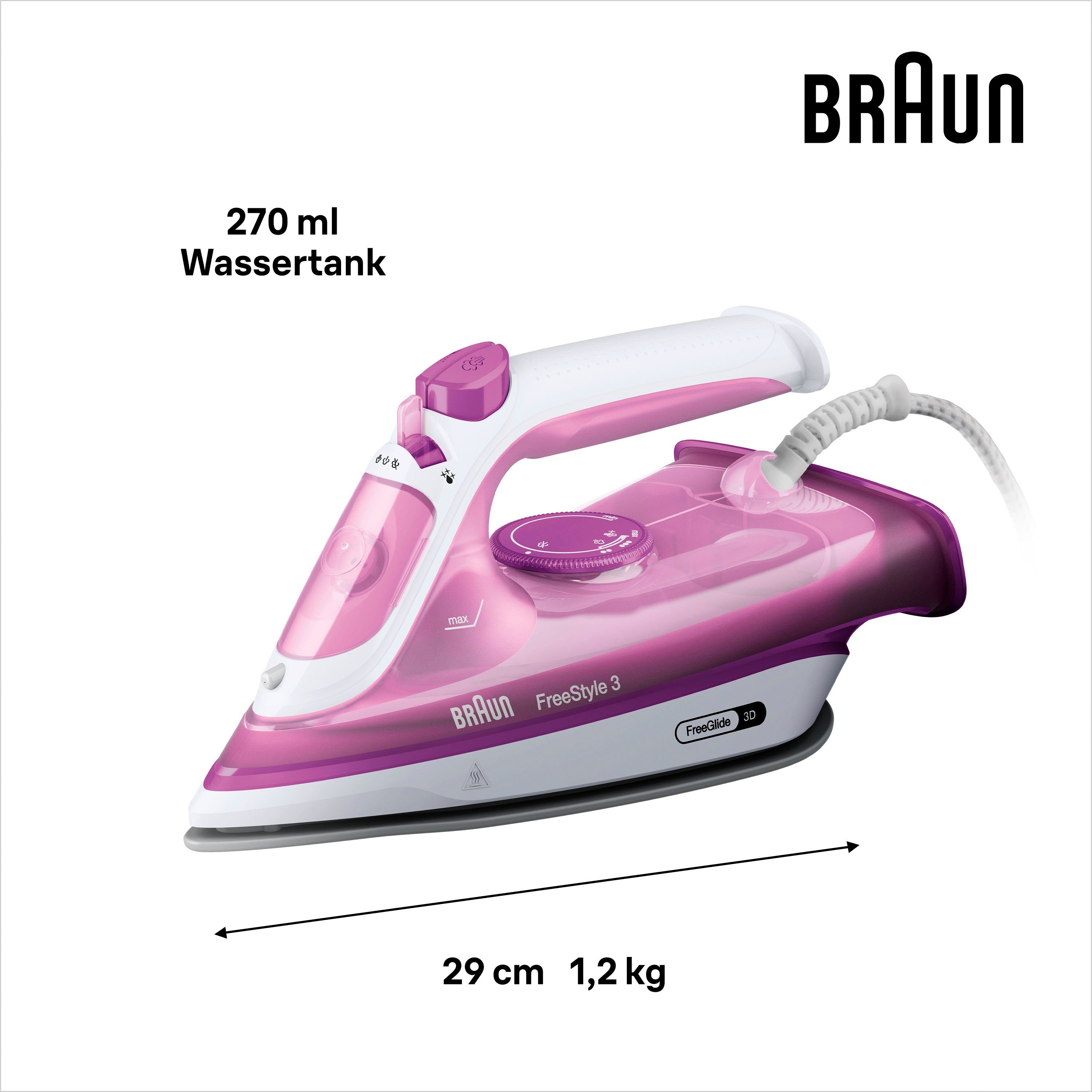 Braun Dampfbügeleisen Braun FreeStyle 3 FI 3124 PU Dampfbügeleisen Weiß/Lila, 2400 W