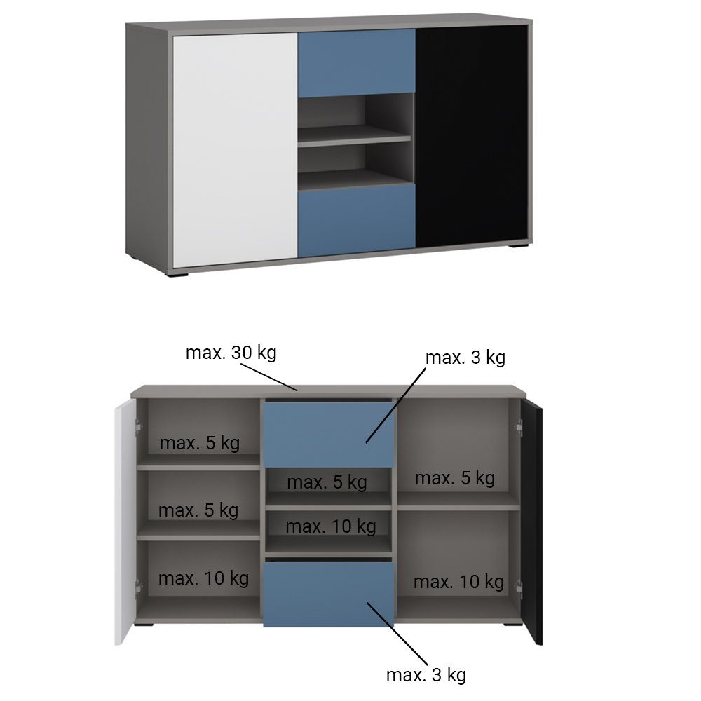 Lomadox Jugendzimmer-Set LIIVA-129, (Sparset, 5-tlg), Grau Platin, Perlschwarz, Alpinweiß, Himmelblau, Liegefläche 90x200 cm