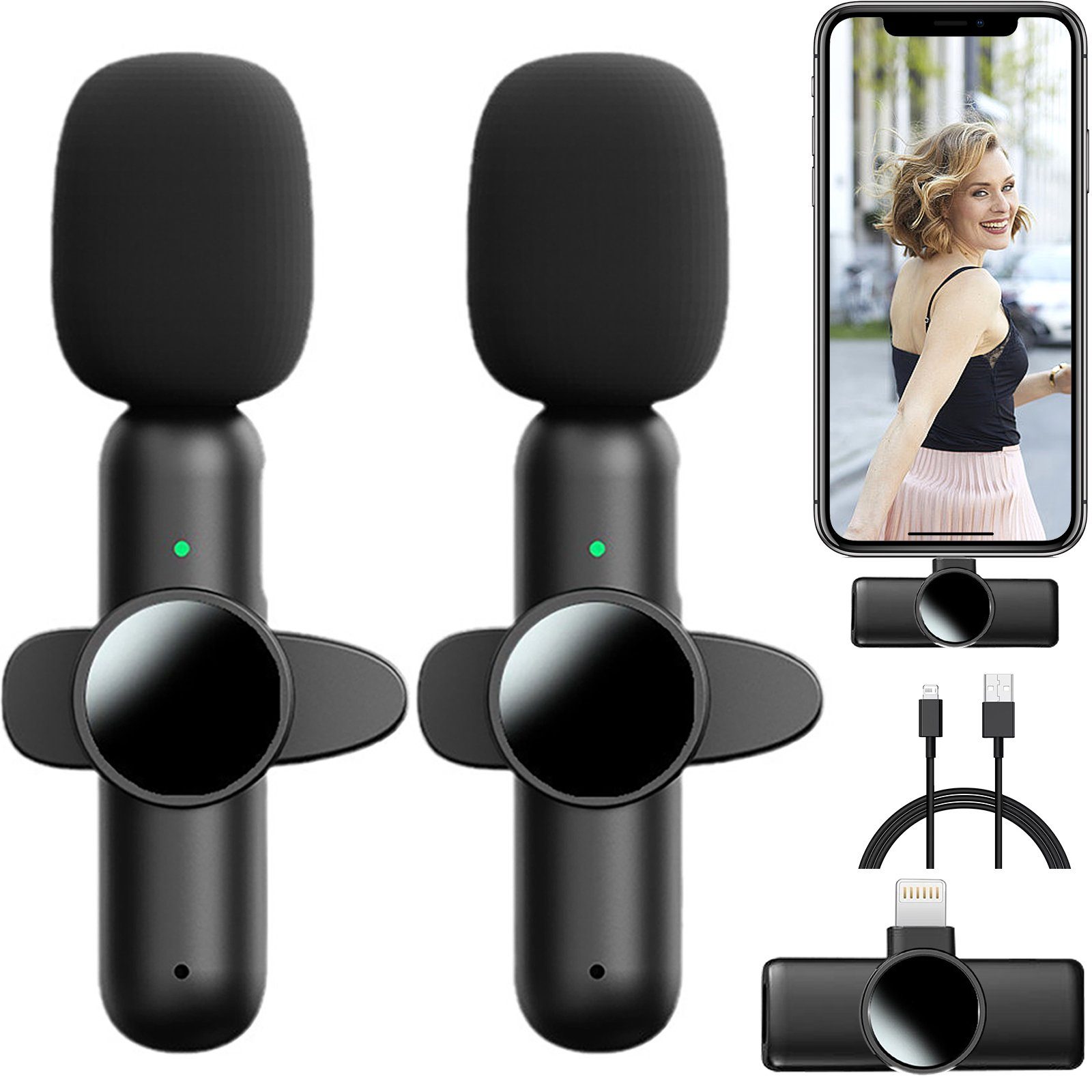 Aoucheni Mikrofon Kabelloses Lavalier Mikrofon für iPhone iPad Mackbook, (Set), Plug & Play für Vlog, TikTok, 2.4GHz, Akkulaufzeit 6 Stunden