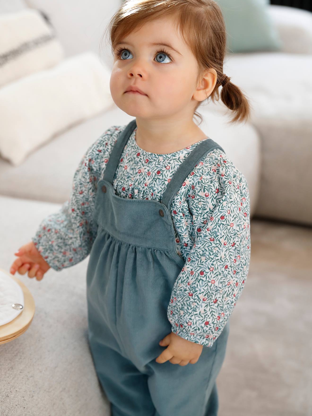 Ensemble blouse et salopette velours bébé fille bleu céleste