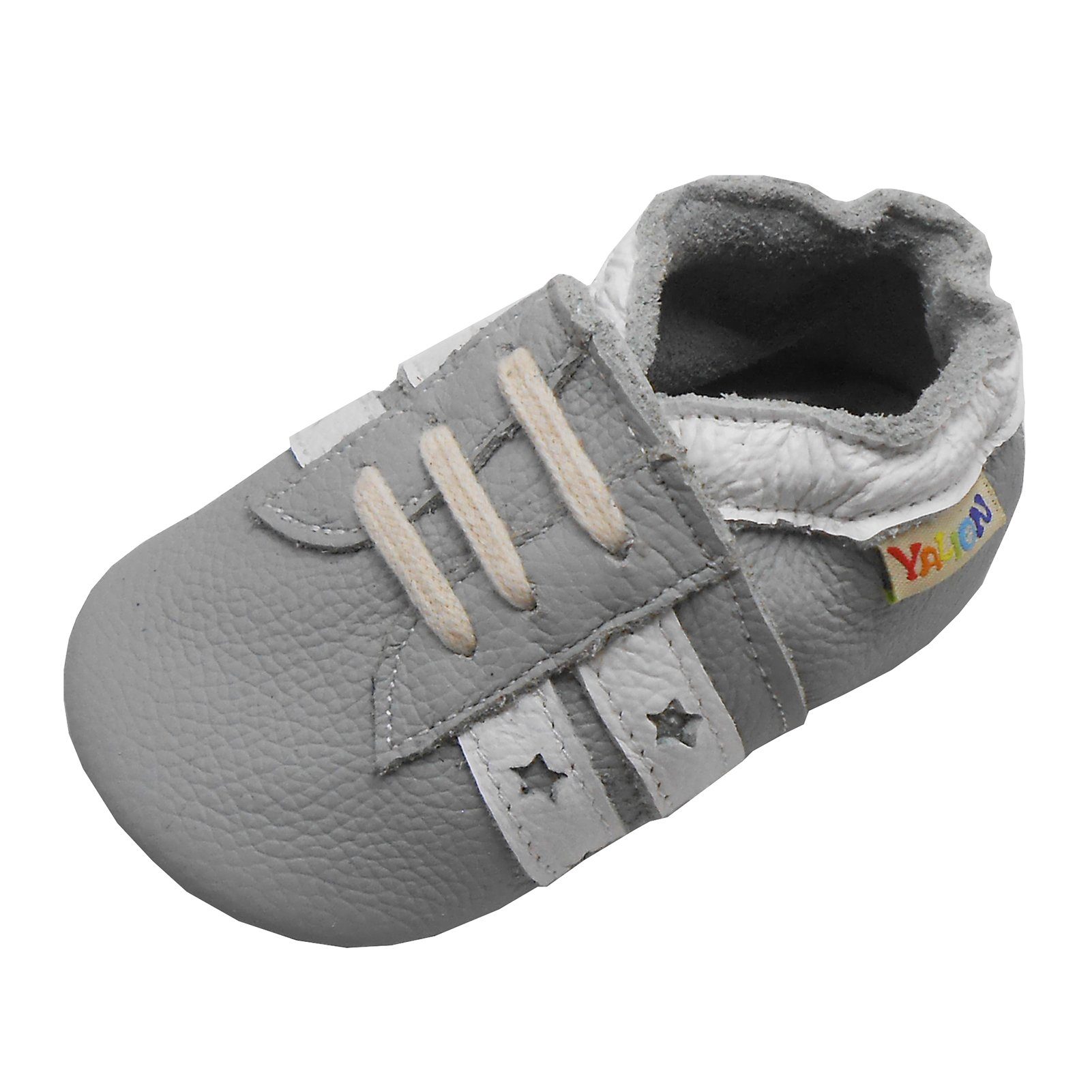 Yalion Weiche Leder Lauflernschuhe Hausschuhe Lederpuschen Streifen Grau Krabbelschuh elastisch