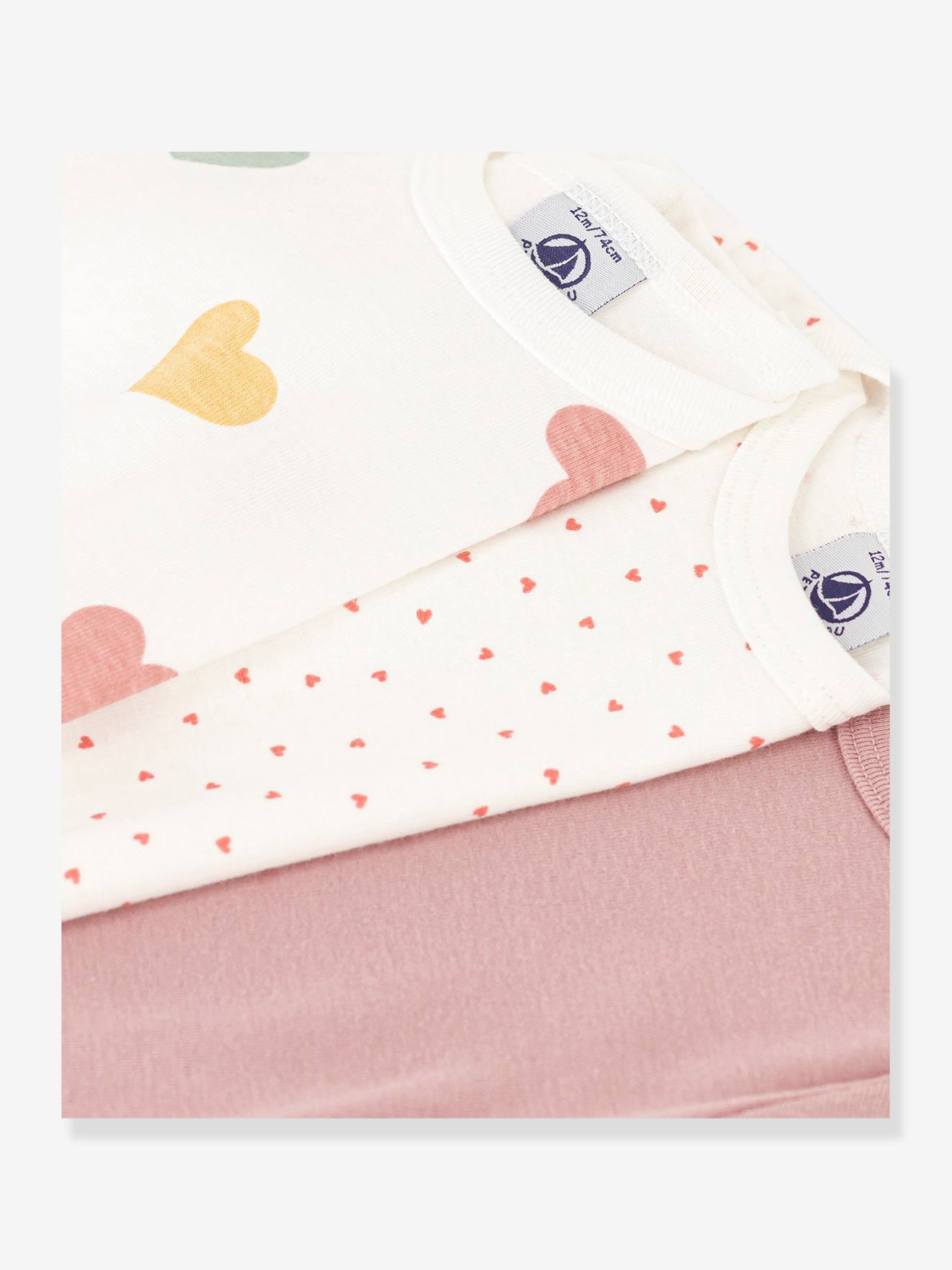 Lot de 3 bodies manches longues coeurs bébé en coton PETIT BATEAU blanc imprimé